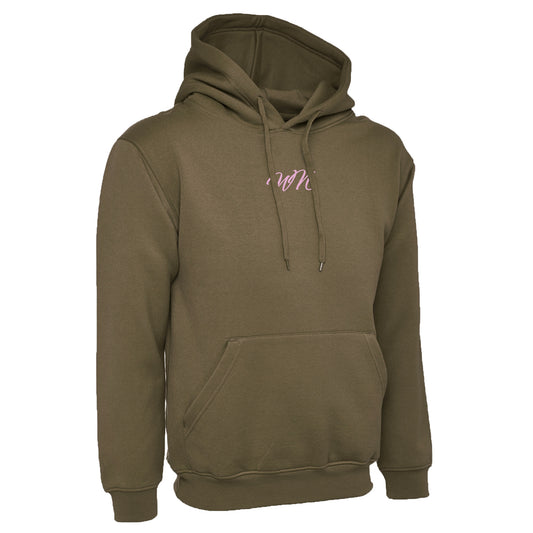 Olive Green Hoodie with Small Pink WN Logo